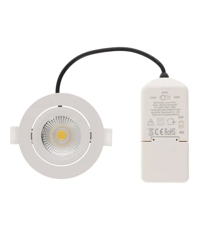 Inbouw LED Spot 6w Flat, 400 Lumen, CCT Switch (2700K/3000K/4000K), Kantelbaar, IP65, Dimbaar, CRI90, Wit Armatuur, Gatmaat 68-72mm, 2 Jaar Garantie