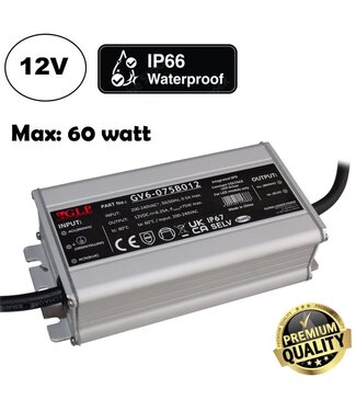 GLP Premium IP67 Waterproof Led Strip voeding 12V/75W/6,25A, Max: 60w, Afm:136x68x37 mm, 3 Jaar Garantie