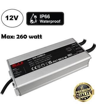 GLP Premium IP67 Waterproof Led Strip voeding 12V/320W/26,7A, Max: 260w, Afm:225x97x42 mm, 3 Jaar Garantie