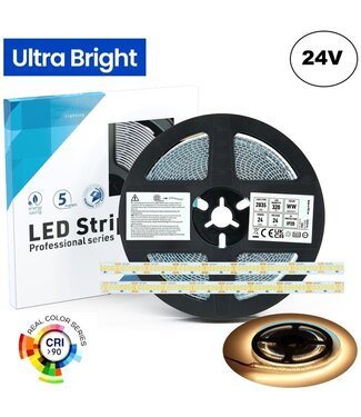High Lumen Led Strip ROL 5 Meter, 24w/m, 320 led/m, 3000K Warm Wit, 2900Lm/m (130lm/w), 24v, CRI90, IP20, 10mm, 3 Jaar garantie