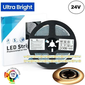 High Lumen Led Strip ROL 5 Meter, 24w/m, 320 led/m, 3000K Warm Wit, 2900Lm/m (130lm/w), 24v, CRI90, IP20, 10mm, 3 Jaar garantie