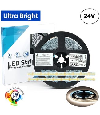 High Lumen Led Strip ROL 5 Meter, 24w/m, 320 led/m, 4000K Neutraal Wit, 3155Lm/m (130lm/w), 24v, CRI90, IP20, 10mm, 3 Jaar garantie