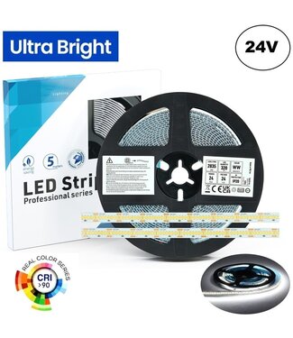 High Lumen Led Strip ROL 5 Meter, 24w/m, 320 led/m, 6500K Daglicht Wit, 3155Lm/m (130lm/w), 24v, CRI90, IP20, 10mm, 3 Jaar garantie