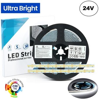 High Lumen Led Strip ROL 5 Meter, 24w/m, 320 led/m, 6500K Daglicht Wit, 3155Lm/m (130lm/w), 24v, CRI90, IP20, 10mm, 3 Jaar garantie