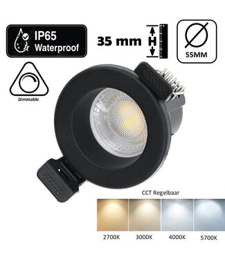 Inbouw LED Spot 4w Mini, 380 Lumen, CCT Switch (2700K/3000K/4000K/5700K), IP65, Dimbaar, Zwart Armatuur, Gatmaat 40-45mm, 2 Jaar Garantie