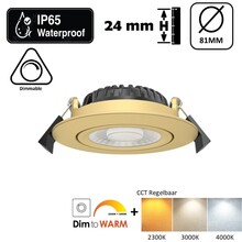 Inbouw LED Spot 5/7w Luxe, 475/665 Lumen, CCT + DimToWarm Switch (2300K/3000K/4000K + Dim To Warm), Kantelbaar, IP65, Dimbaar, Messing Armatuur, Gatmaat 70mm, 3 Jaar Garantie
