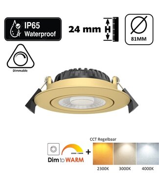 Inbouw LED Spot 5/7w Luxe, 475/665 Lumen, CCT + DimToWarm Switch (2300K/3000K/4000K + Dim To Warm), Kantelbaar, IP65, Dimbaar, Messing Armatuur, Gatmaat 70mm, 3 Jaar Garantie