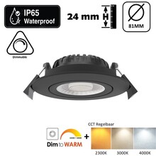 Inbouw LED Spot 5/7w Luxe, 475/665 Lumen, CCT + DimToWarm Switch (2300K/3000K/4000K + Dim To Warm), Kantelbaar, IP65, Dimbaar, Zwart Armatuur, Gatmaat 70mm, 3 Jaar Garantie