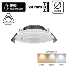 Inbouw LED Spot 5/7w Luxe, 475/665 Lumen, CCT (2700K/3000K/4000K), Kantelbaar, IP65, Dimbaar, Wit Armatuur, Gatmaat 70mm, 3 Jaar Garantie