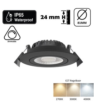 Inbouw LED Spot 5/7w Luxe, 475/665 Lumen, CCT (2700K/3000K/4000K), Kantelbaar, IP65, Dimbaar, Zwart Armatuur, Gatmaat 70mm, 3 Jaar Garantie