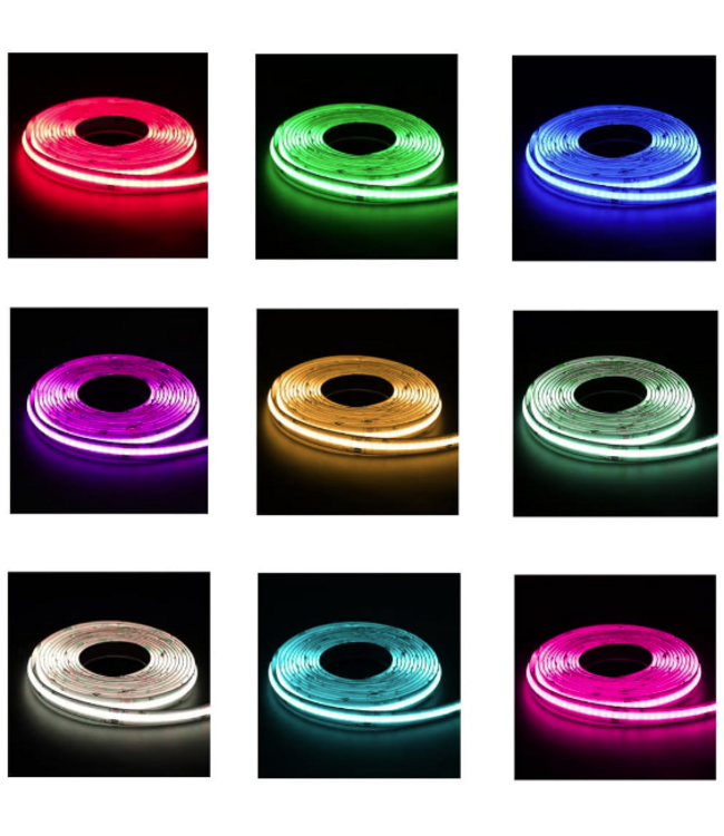 Premium Led Strip ROL 5 Meter COB, 16w/m, 840 led/m, RGB+CCT (2700K>6500K), CRI90, 24v, IP65, 12mm, 3 Jaar garantie