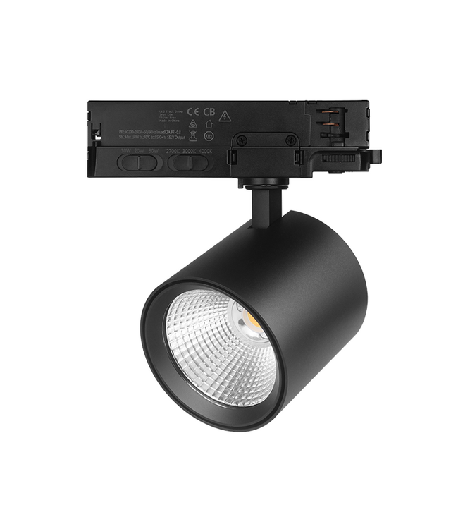 3 Fase LED Rail Spot JAS Koker, TRIAC-Dimbaar,  Wattage switch: 10/20/30w,  CCT-Switch, 900 tot 2700 lumen, CRI>90, Zwarte Behuizing , 3 Jaar Garantie