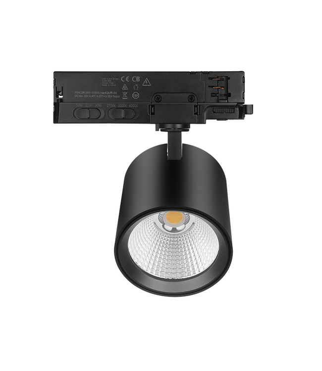 3 Fase LED Rail Spot JAS Koker, TRIAC-Dimbaar,  Wattage switch: 10/20/30w,  CCT-Switch, 900 tot 2700 lumen, CRI>90, Zwarte Behuizing , 3 Jaar Garantie