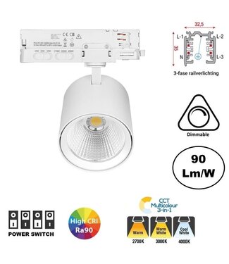 3 Fase LED Rail Spot JAS Koker, TRIAC-Dimbaar,  Wattage switch: 10/20/30w,  CCT-Switch, 900 tot 2700 lumen, CRI>90, Witte Behuizing , 3 Jaar Garantie