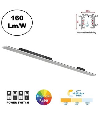 3 Fase Rail TAR Linear Lamp 150cm met Wattage switch: 40-45W,  CCT-Switch, 6400 tot 8800 lumen, CRI>90, Zwarte Behuizing , 5 Jaar Garantie