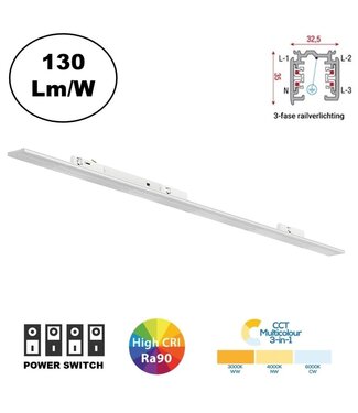 3 Fase Rail FOC Linear Lamp 143cm met Wattage switch: 13-40W,  CCT-Switch, 1690 tot 5200 lumen, CRI>90, Witte Behuizing , 5 Jaar Garantie