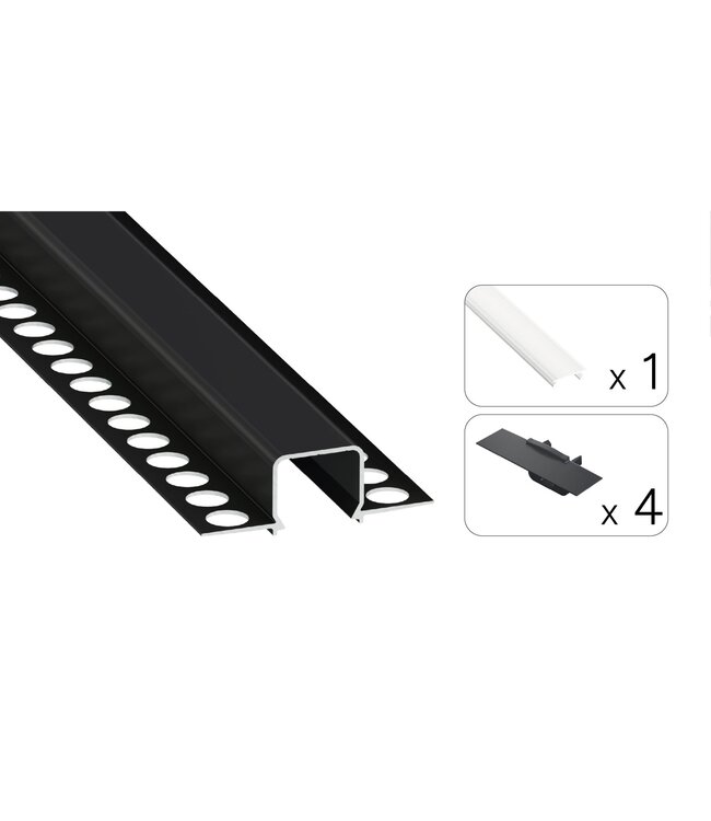 Stuc Aluminium Led Strip Profiel MOSSO tot 12mm LED Strips | ZWART | 16x12mm | Per 2 Meter