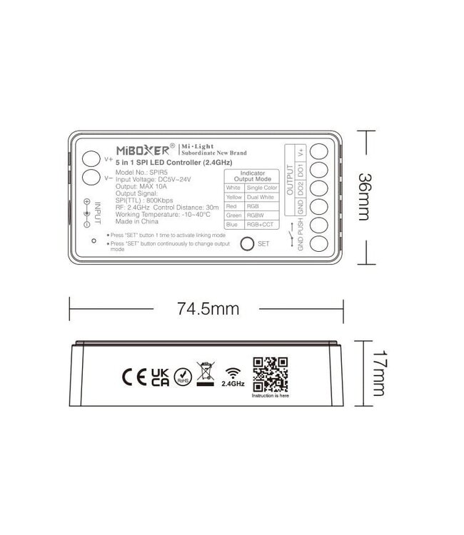 Miboxer SPIR5 - SPI / Digital LED Strip Controller | 5in1 Mono /  CCT /RGB / RGBW / RGBCCT | Max 10A | 2.4Ghz