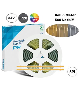 Premium SPI/Digital Led Strip ROL 5 Meter COB, CCT (2700K>6500K), CRI90, 7,2w/m, 560 led/m, 300Lm/m, 24v, IP20, 10mm, 3 Jaar garantie