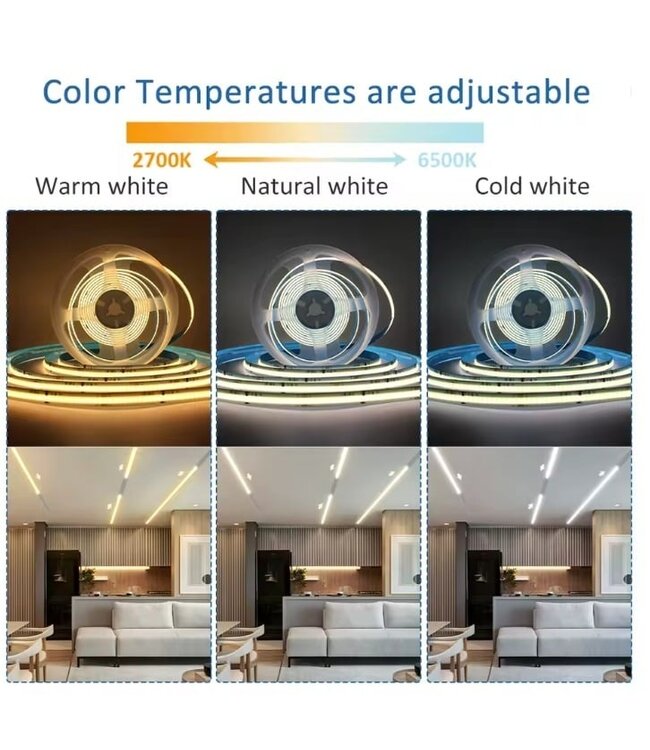 Premium SPI/Digital Led Strip ROL 5 Meter COB, CCT (2700K>6500K), CRI90, 7,2w/m, 560 led/m, 300Lm/m, 24v, IP20, 10mm, 3 Jaar garantie