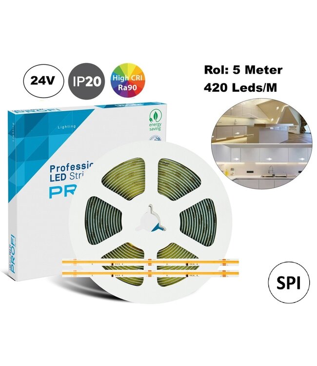 Premium SPI/Digital Led Strip ROL 5 Meter COB, CRI90, 11w/m, 420 led/m, 900Lm/m, 24v, IP20, 10mm, 3 Jaar garantie