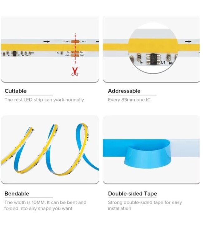 Premium SPI/Digital Led Strip ROL 5 Meter COB, CRI90, 11w/m, 420 led/m, 900Lm/m, 24v, IP20, 10mm, 3 Jaar garantie