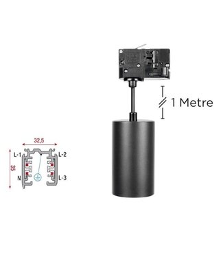 3 Fase Rail Hanglamp Zwart ACCENTPLUS | GU10 Fitting | 100X56MM Koker Verdiept | Zwartkleurige behuizing