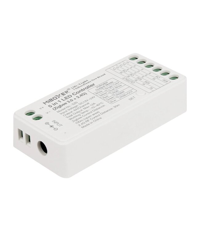 Miboxer Zigbee 3.0 + 2.4 Ghz, 5 in 1 LED Strip Controller Mono/CCT/RGB/RGB+W/RGB+CCT 12-24VDC, 12A, Werkt via Zigbee 3.0 / App / Wifi / 2.4Ghz - SZ5