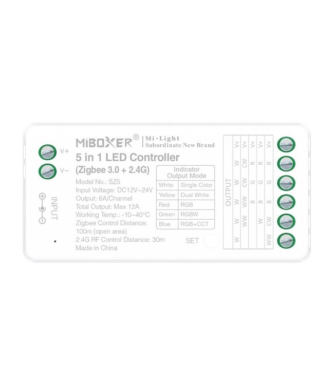 Miboxer Zigbee 3.0 + 2.4 Ghz, 5 in 1 LED Strip Controller Mono/CCT/RGB/RGB+W/RGB+CCT 12-24VDC, 12A, Werkt via Zigbee 3.0 / App / Wifi / 2.4Ghz - SZ5