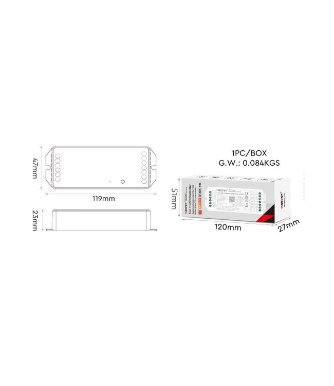 Miboxer Zigbee 3.0 + 2.4 Ghz, 5 in 1 LED Strip Controller Mono/CCT/RGB/RGB+W/RGB+CCT 12-48VDC, 20A, Werkt via Zigbee 3.0 / App / Wifi / 2.4Ghz - PZ5