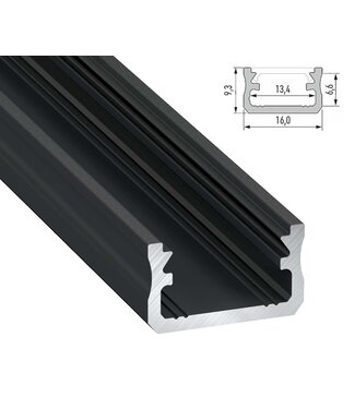 Standaard Aluminium Led Strip Profiel  Norman | ZWART |  16x9,3mm | Tot 2 Meter leverbaar
