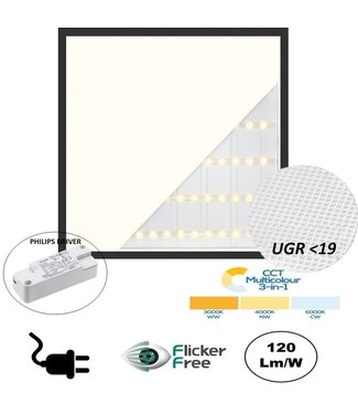 Back-lit UGR19 LED Paneel 60x60cm ZWART, 28W, 3900 Lumen (140lm/w), Color Switch (3000/4000/6000K), Flikkervrije Philips LED Driver, Stekkerklaar, 3 / 5 Jaar Garantie