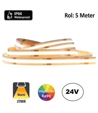 PRIME Led Strip ROL 5 Meter, COB, 8w/m, 320 led/m, 800Lm/m, 2700K Warm wit, CRI90, 24v, IP66, 9mm, 2 Jaar garantie