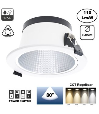 Led Downlighter Luxe met Wattageswitch 6/8/10/12w, CCT Switch 2700/3000/4000/5700K, 660-1320 Lumen, gatmaat Ø120-140mm, UGR19, 3 Jaar Garantie