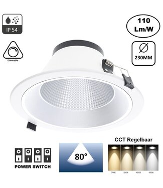 Led Downlighter Luxe met Wattageswitch 15/20/25/30w, CCT Switch 2700/3000/4000/5700K, 1650-3300 Lumen, gatmaat Ø185-220mm, UGR19, 3 Jaar Garantie