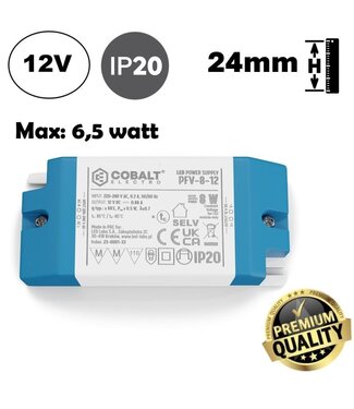 Cobalt Premium Led Strip voeding 12V/8W/0,67A, Max: 6,5w, Afm:90x50x24mm, 3 Jaar Garantie