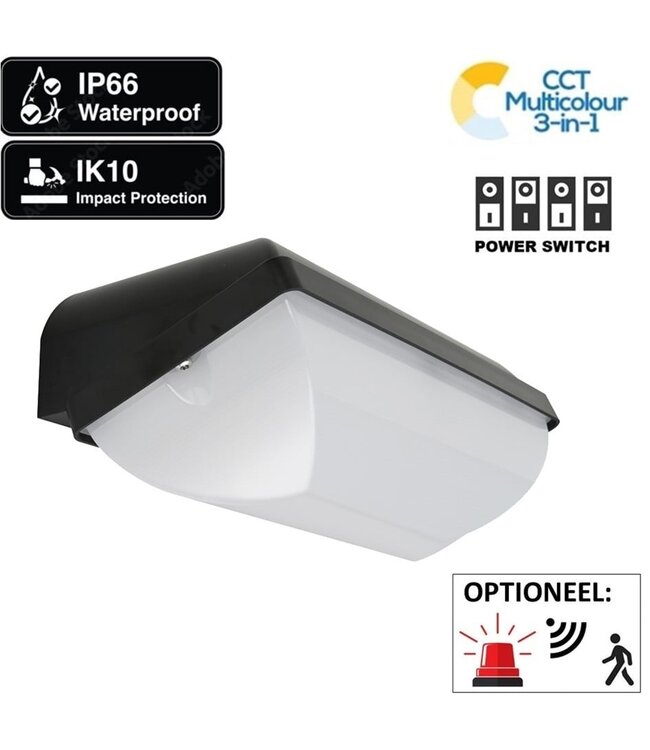 GLW LED Portieklamp ZWART, Wattage switch 5/7/8/10w , 450-900 Lumen, Color Switch (3000/4000/6000K), IP66, IK10, Optioneel: Sensor, 3 Jaar Garantie