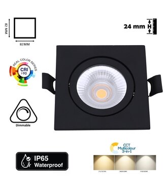Inbouw LED Spot 6w Flat Vierkant, 400 Lumen, CCT Switch (2700K/3000K/4000K), Kantelbaar, IP65, Dimbaar, CRI90, Zwart Armatuur, Gatmaat 68-72mm, 2 Jaar Garantie