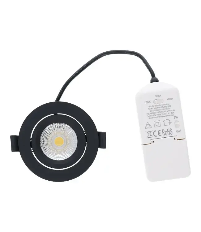 Inbouw LED Spot 6w Flat Vierkant, 400 Lumen, CCT Switch (2700K/3000K/4000K), Kantelbaar, IP65, Dimbaar, CRI90, Zwart Armatuur, Gatmaat 68-72mm, 2 Jaar Garantie