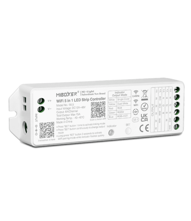 Miboxer WIFI + 2.4 Ghz, 5 in 1 LED Strip Controller Mono/CCT/RGB/RGB+W/RGB+CCT 12-48VDC, 15A, Werkt via WIFI / App / 2.4Ghz - WL5