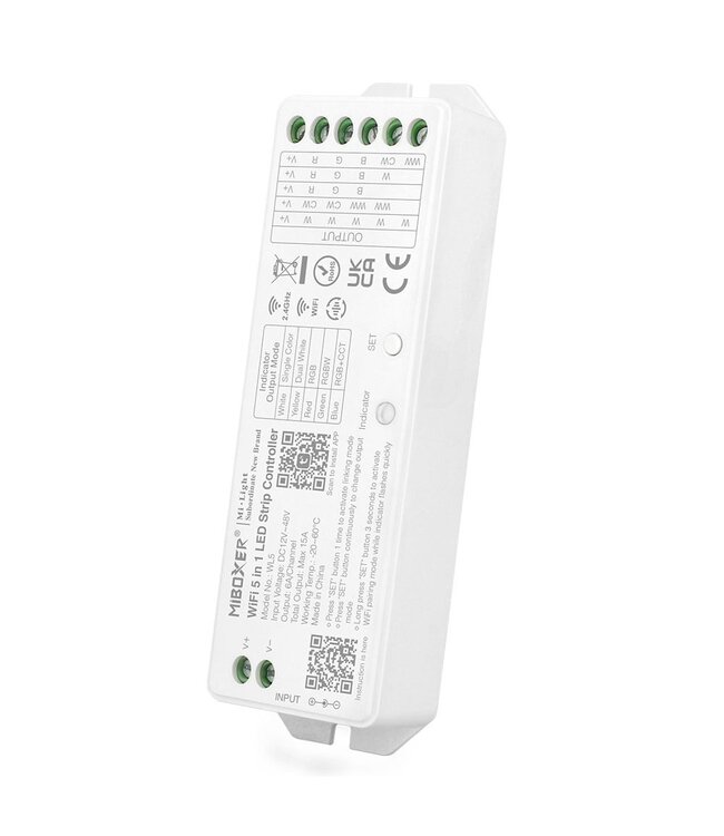 Miboxer WIFI + 2.4 Ghz, 5 in 1 LED Strip Controller Mono/CCT/RGB/RGB+W/RGB+CCT 12-48VDC, 15A, Werkt via WIFI / App / 2.4Ghz - WL5