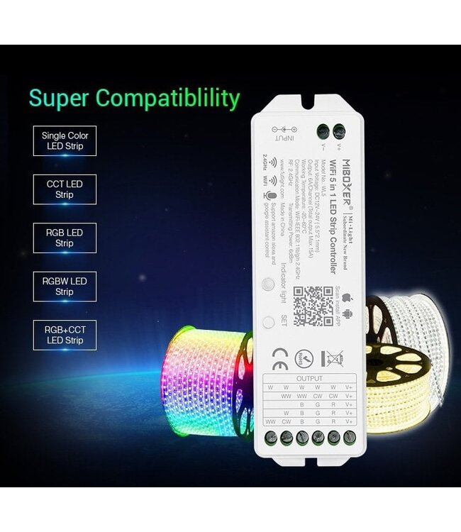 Miboxer WIFI + 2.4 Ghz, 5 in 1 LED Strip Controller Mono/CCT/RGB/RGB+W/RGB+CCT 12-48VDC, 15A, Werkt via WIFI / App / 2.4Ghz - WL5