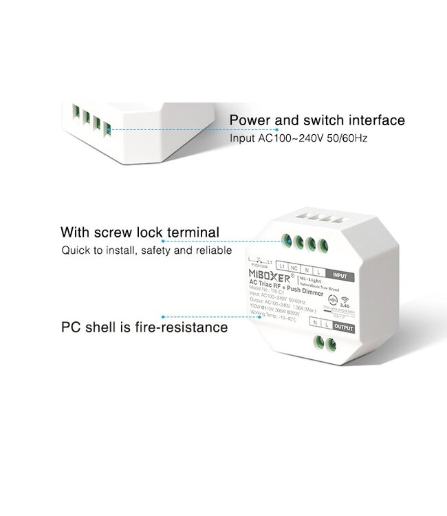 Miboxer Draadloze Triac LED Dimmer, WIFI + 2.4GHz, Max 300 watt - TRI-C1WR