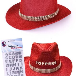Cowboy hoed rood glitter met stickers