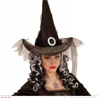 Halloween Zwarte heksenhoeden met sluier en gesp
