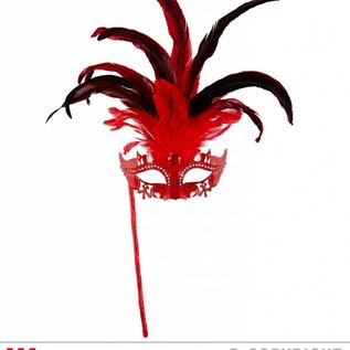 Nieuw2015-2016 Rode oogmasker met veren op stokje met glitters