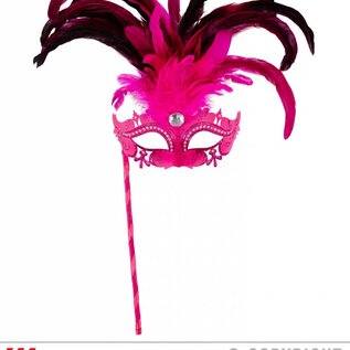 Nieuw2015-2016 Roze oogmasker met veren op stokje met glitters, steentjes en andere versierselen