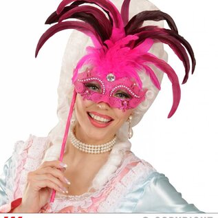 Nieuw2015-2016 Roze oogmasker met veren op stokje met glitters, steentjes en andere versierselen