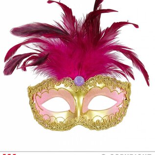 Nieuw2015-2016 Gouden Venetiaanse oogmaskertjes met roze veertjes