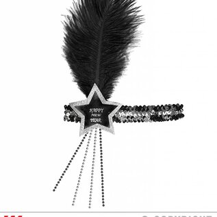 Nieuw2015-2016 Zwart zilver Happy New Year haarbandje met veertje en glitters